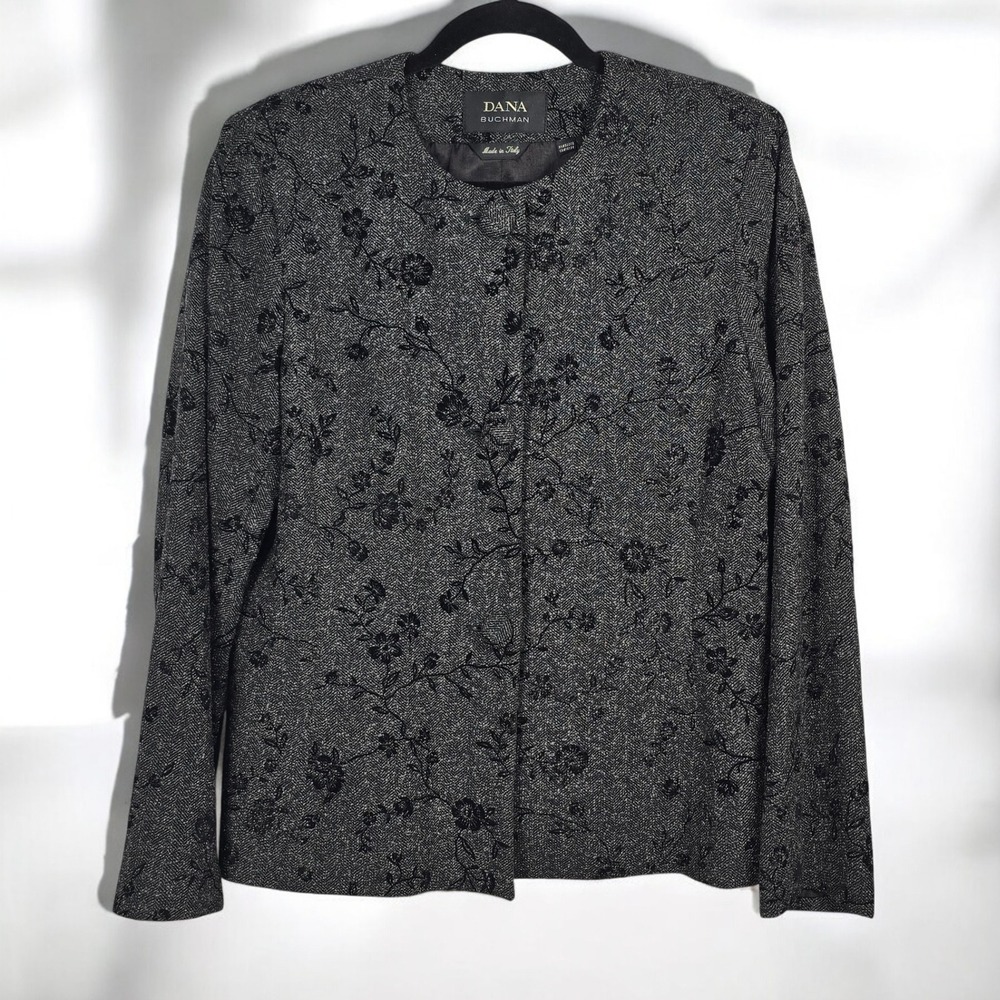 Dana Buchman Blazer Jacket Women 14 Gray Black Floral Embroidery Tweed Italy
